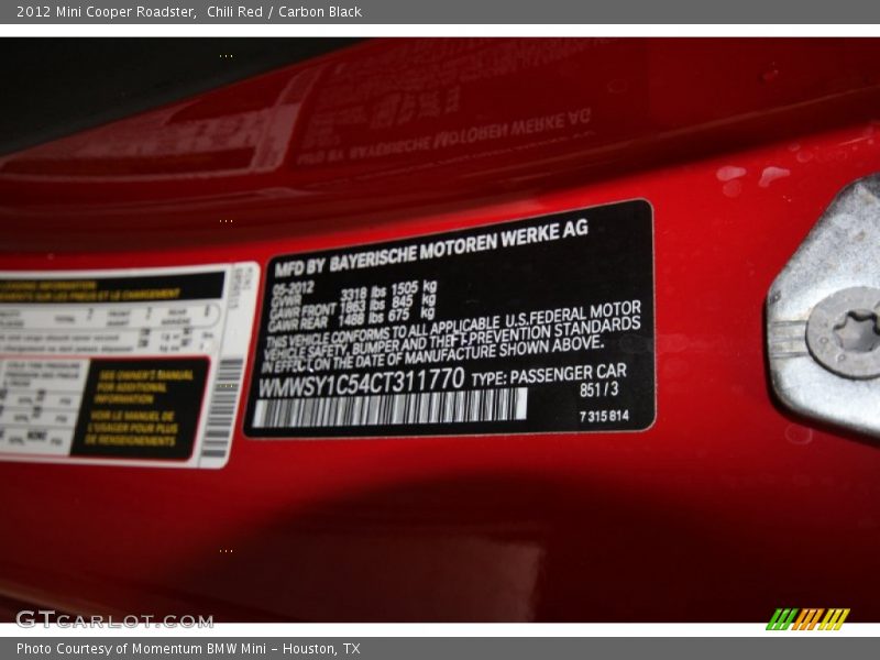 2012 Cooper Roadster Chili Red Color Code B51