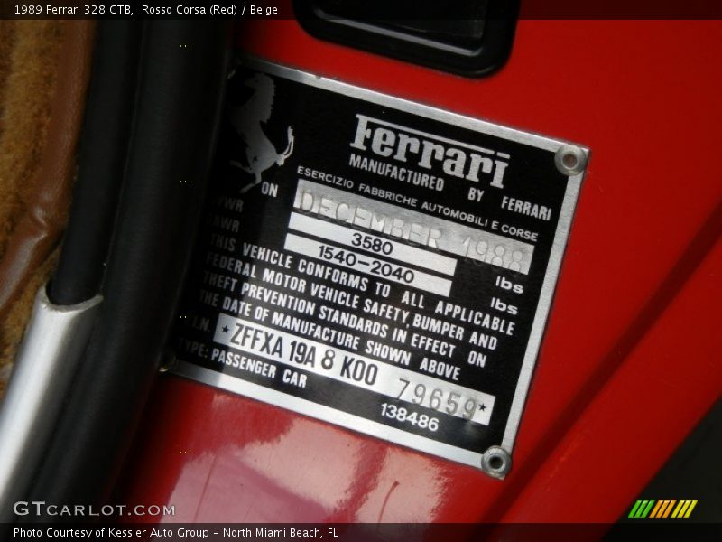 Info Tag of 1989 328 GTB