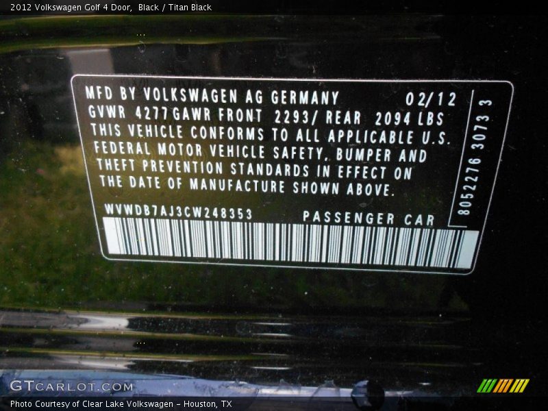 Black / Titan Black 2012 Volkswagen Golf 4 Door