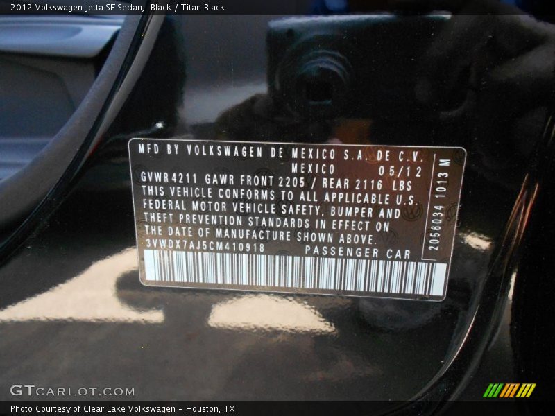 Black / Titan Black 2012 Volkswagen Jetta SE Sedan