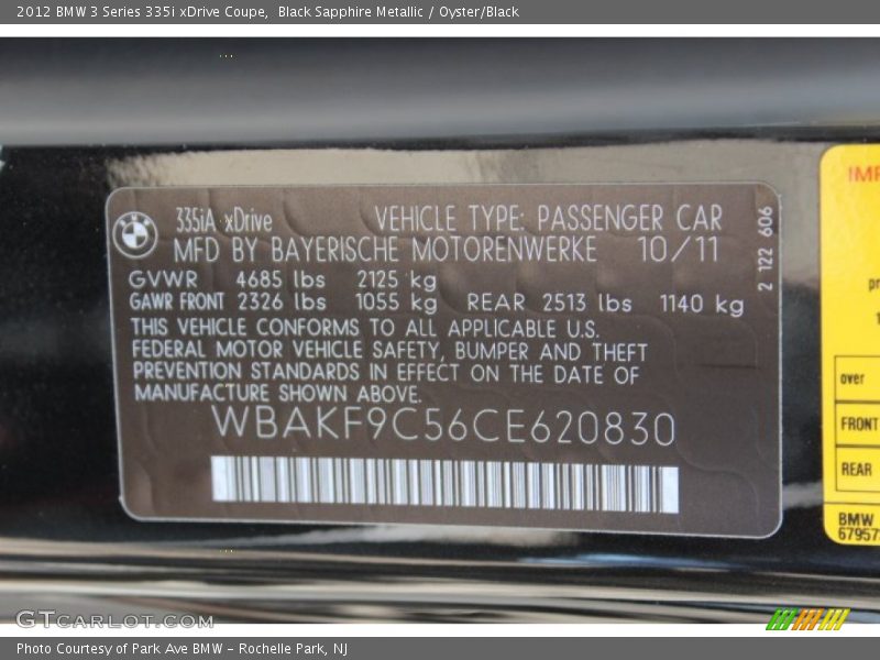 Black Sapphire Metallic / Oyster/Black 2012 BMW 3 Series 335i xDrive Coupe