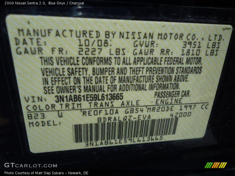 Blue Onyx / Charcoal 2009 Nissan Sentra 2.0