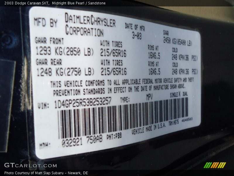2003 Caravan SXT Midnight Blue Pearl Color Code PB8