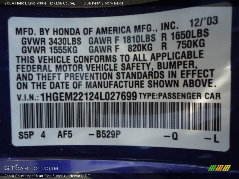 Fiji Blue Pearl / Ivory Beige 2004 Honda Civic Value Package Coupe