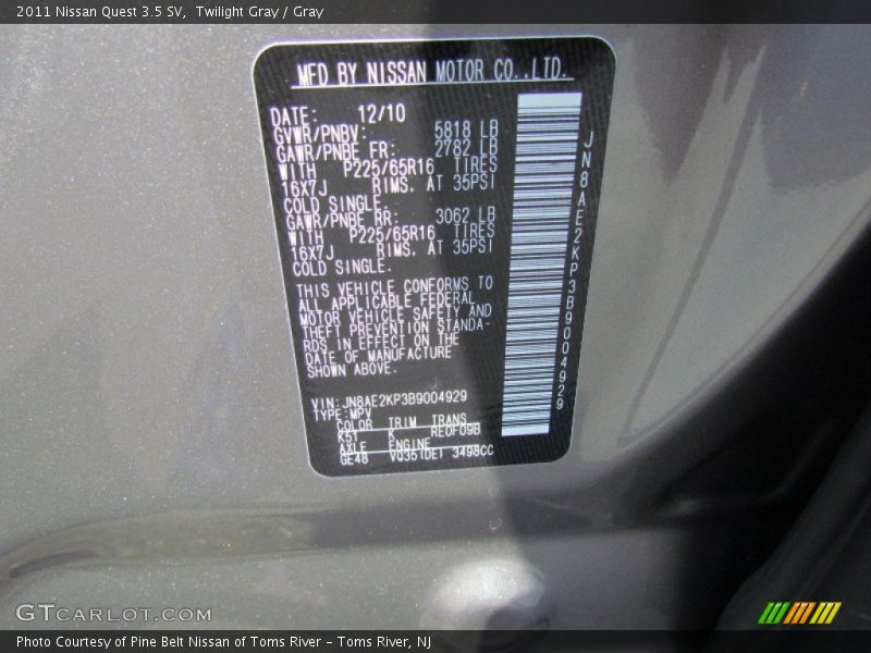 Twilight Gray / Gray 2011 Nissan Quest 3.5 SV
