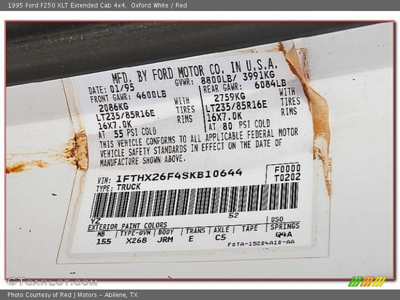 Oxford White / Red 1995 Ford F250 XLT Extended Cab 4x4