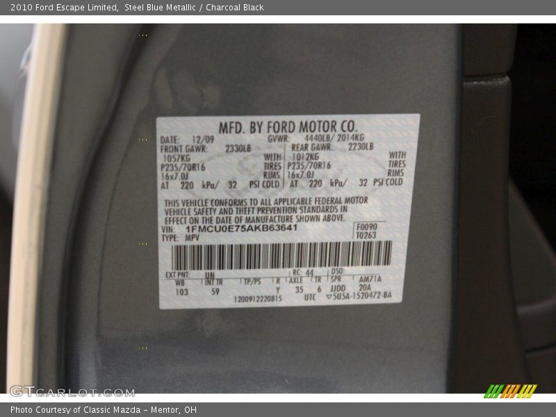 Steel Blue Metallic / Charcoal Black 2010 Ford Escape Limited