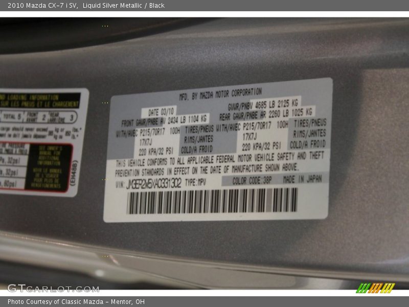 Liquid Silver Metallic / Black 2010 Mazda CX-7 i SV