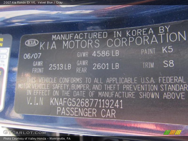 Velvet Blue / Gray 2007 Kia Rondo EX V6