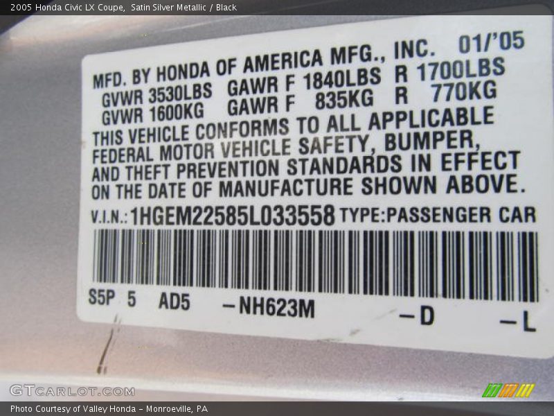 Satin Silver Metallic / Black 2005 Honda Civic LX Coupe
