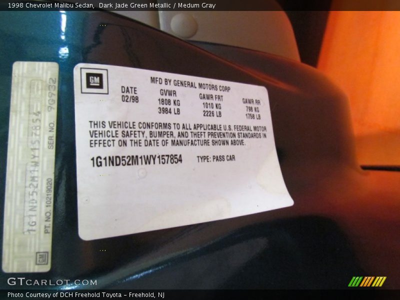 Dark Jade Green Metallic / Medum Gray 1998 Chevrolet Malibu Sedan