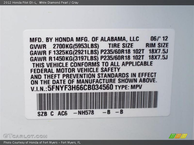 White Diamond Pearl / Gray 2012 Honda Pilot EX-L