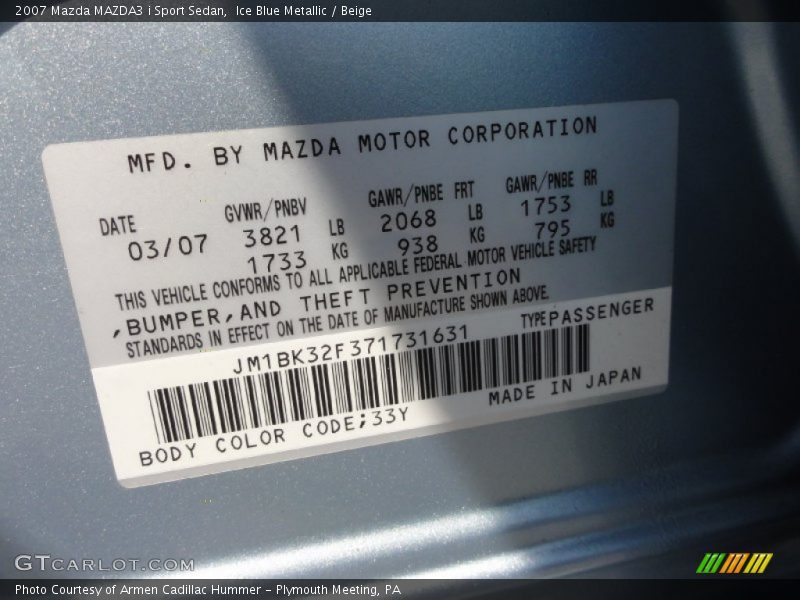 33Y - 2007 Mazda MAZDA3 i Sport Sedan