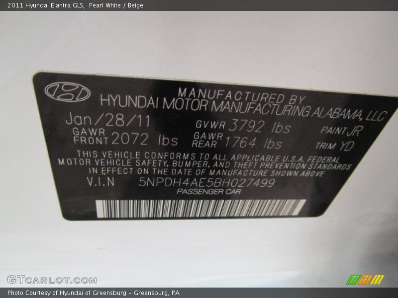 Pearl White / Beige 2011 Hyundai Elantra GLS