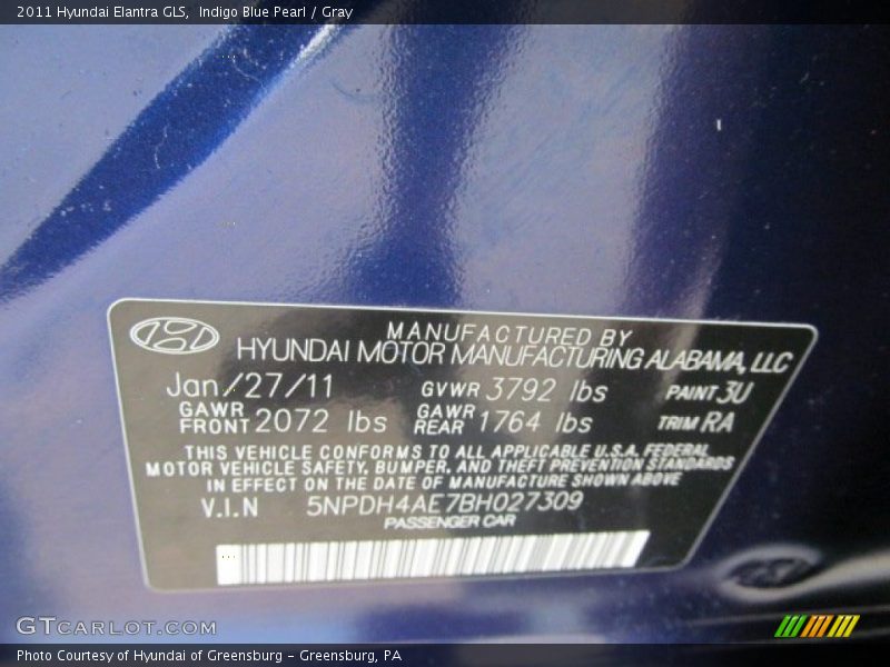 Indigo Blue Pearl / Gray 2011 Hyundai Elantra GLS