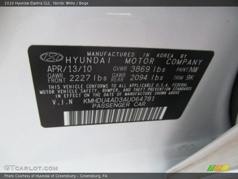 Nordic White / Beige 2010 Hyundai Elantra GLS
