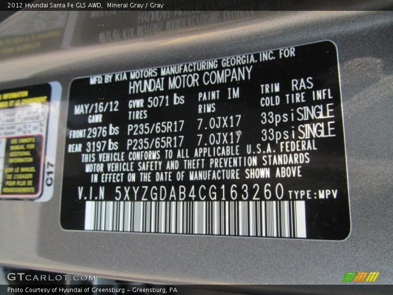 Mineral Gray / Gray 2012 Hyundai Santa Fe GLS AWD