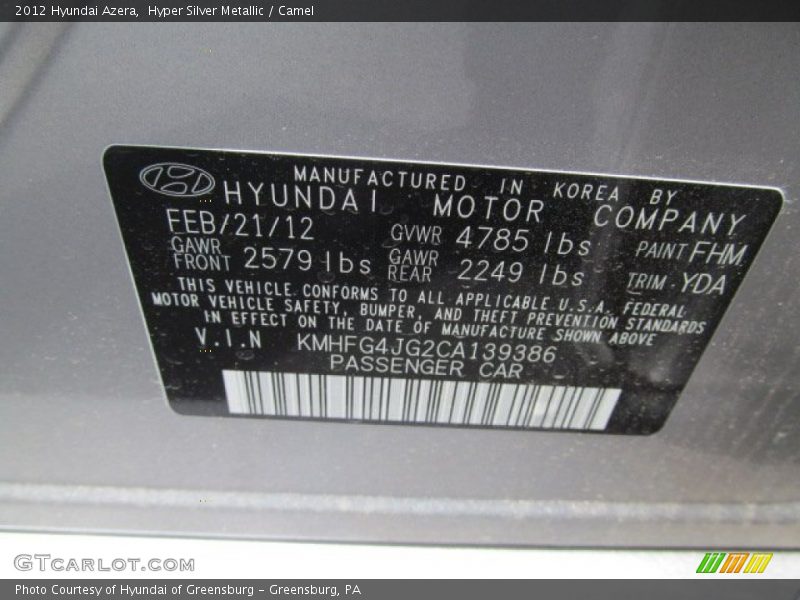 2012 Azera  Hyper Silver Metallic Color Code FHM