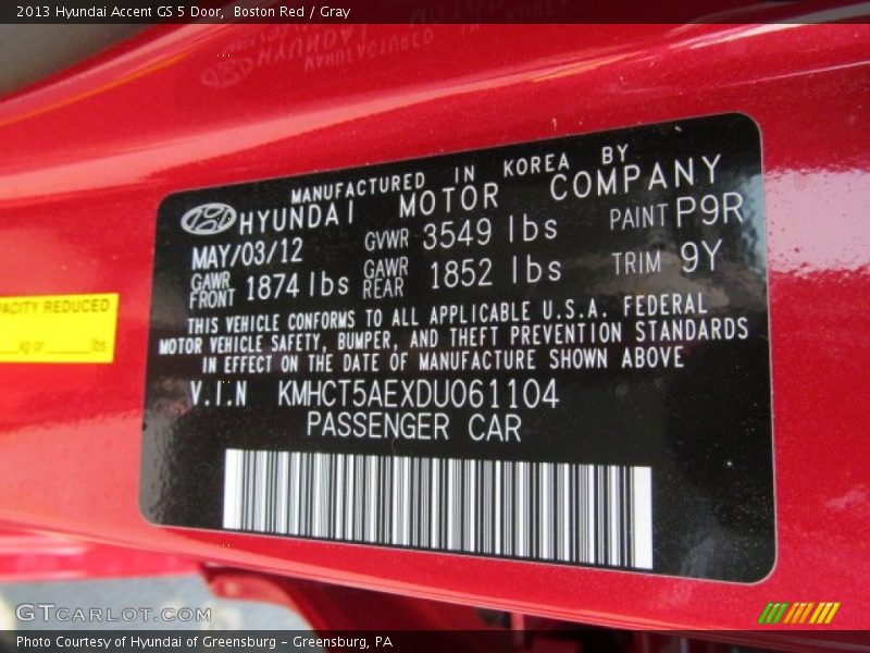 2013 Accent GS 5 Door Boston Red Color Code P9R