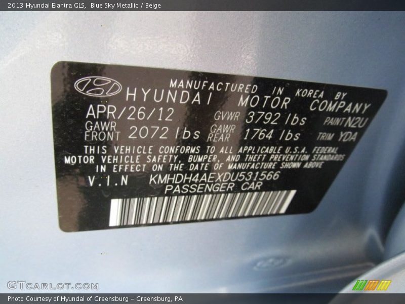 Blue Sky Metallic / Beige 2013 Hyundai Elantra GLS