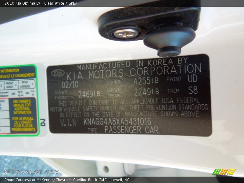 Clear White / Gray 2010 Kia Optima LX