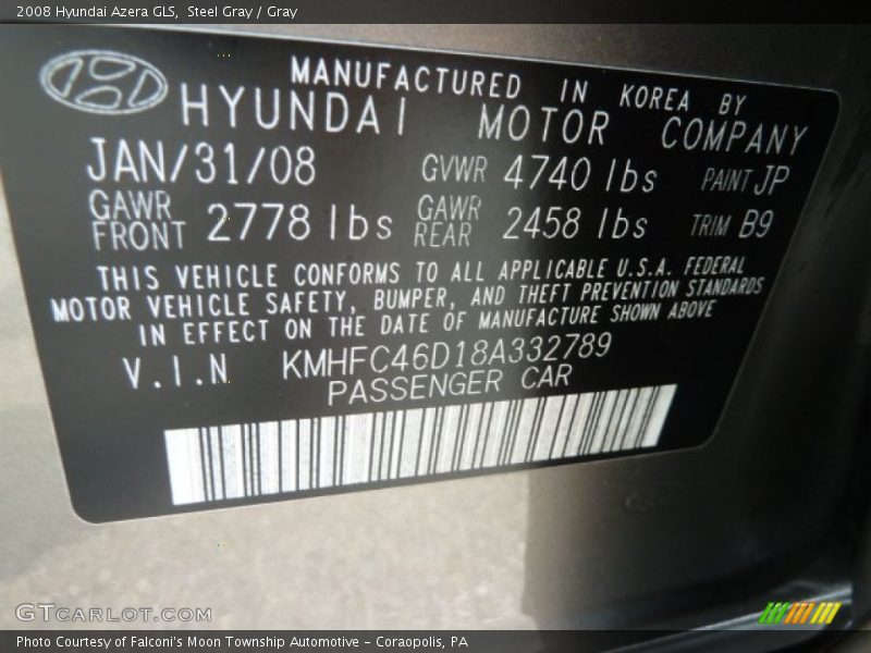 Steel Gray / Gray 2008 Hyundai Azera GLS