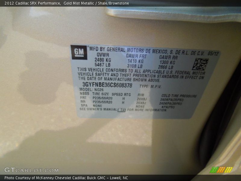 Gold Mist Metallic / Shale/Brownstone 2012 Cadillac SRX Performance