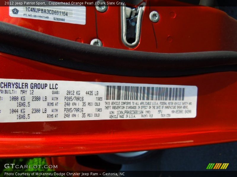 Copperhead Orange Pearl / Dark Slate Gray 2012 Jeep Patriot Sport