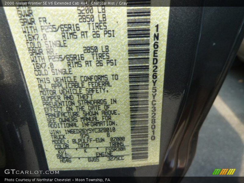 Charcoal Mist / Gray 2000 Nissan Frontier SE V6 Extended Cab 4x4
