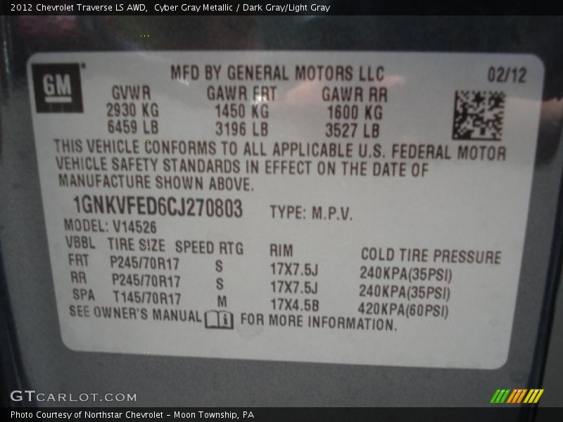Cyber Gray Metallic / Dark Gray/Light Gray 2012 Chevrolet Traverse LS AWD