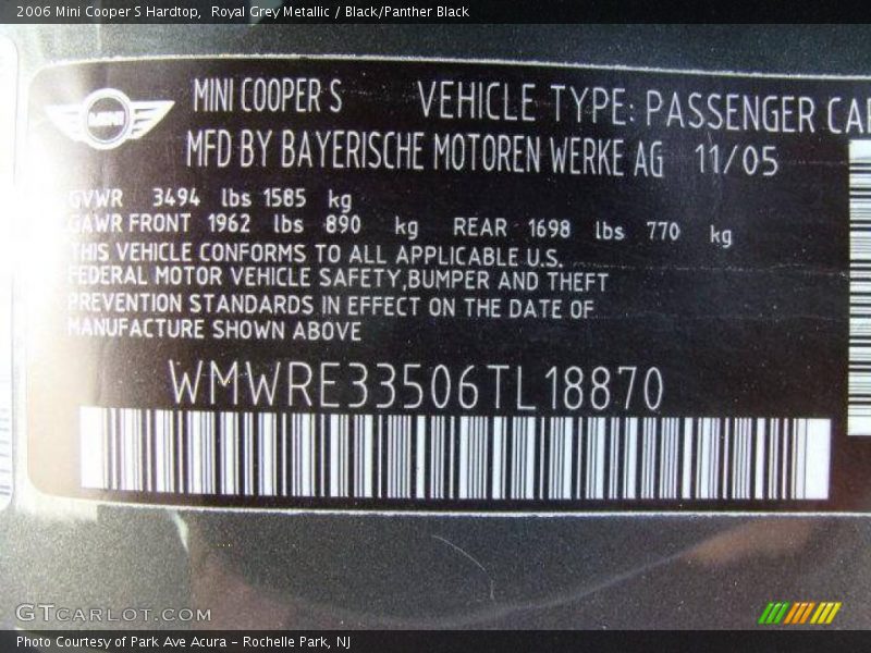 Royal Grey Metallic / Black/Panther Black 2006 Mini Cooper S Hardtop
