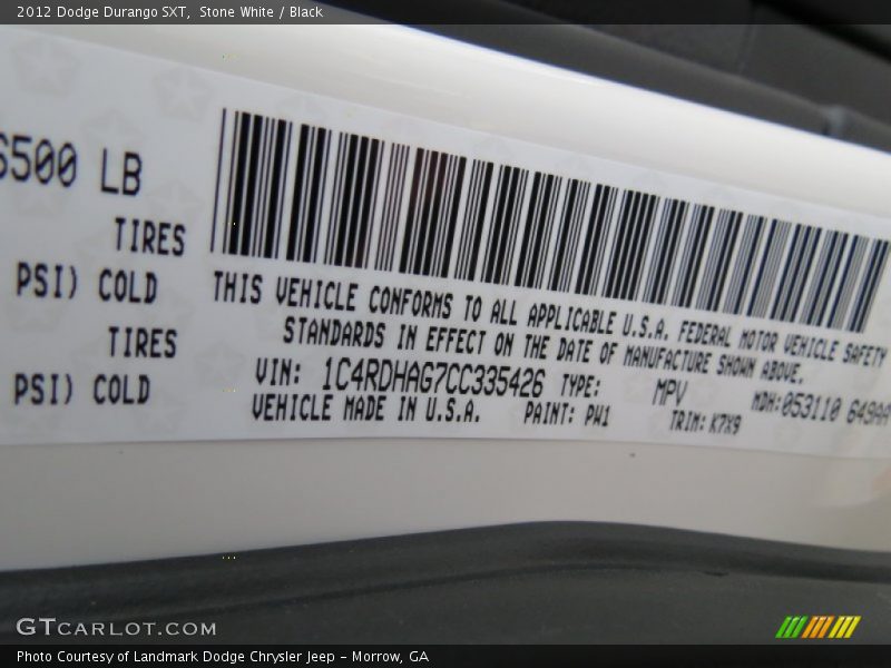 Stone White / Black 2012 Dodge Durango SXT