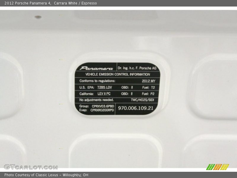 Info Tag of 2012 Panamera 4