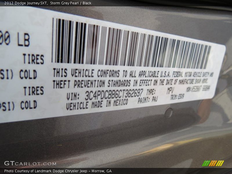 2012 Journey SXT Storm Grey Pearl Color Code PAJ
