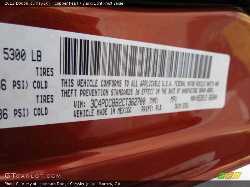 2012 Journey SXT Copper Pearl Color Code PLB