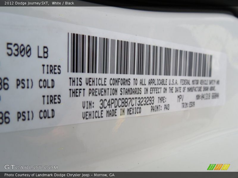 2012 Journey SXT White Color Code PW3