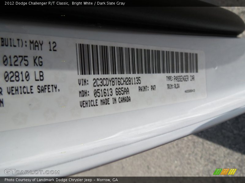 Bright White / Dark Slate Gray 2012 Dodge Challenger R/T Classic
