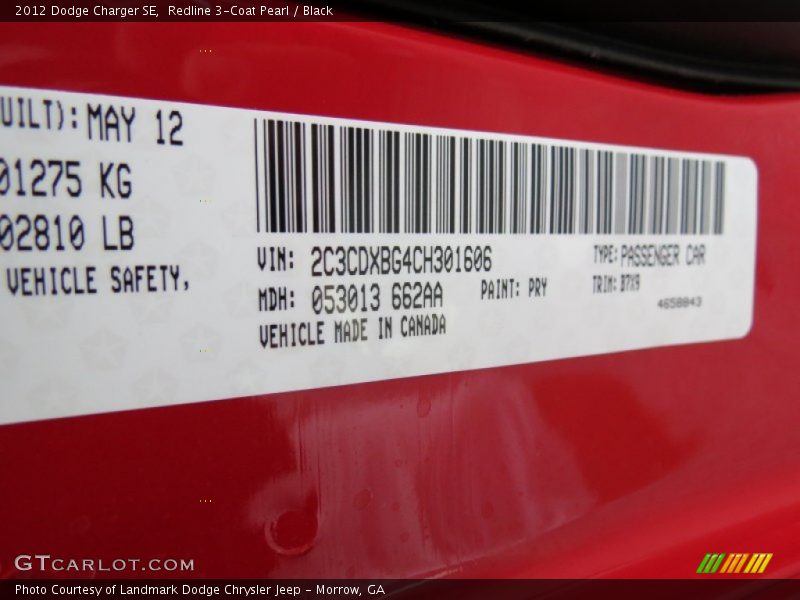 Redline 3-Coat Pearl / Black 2012 Dodge Charger SE