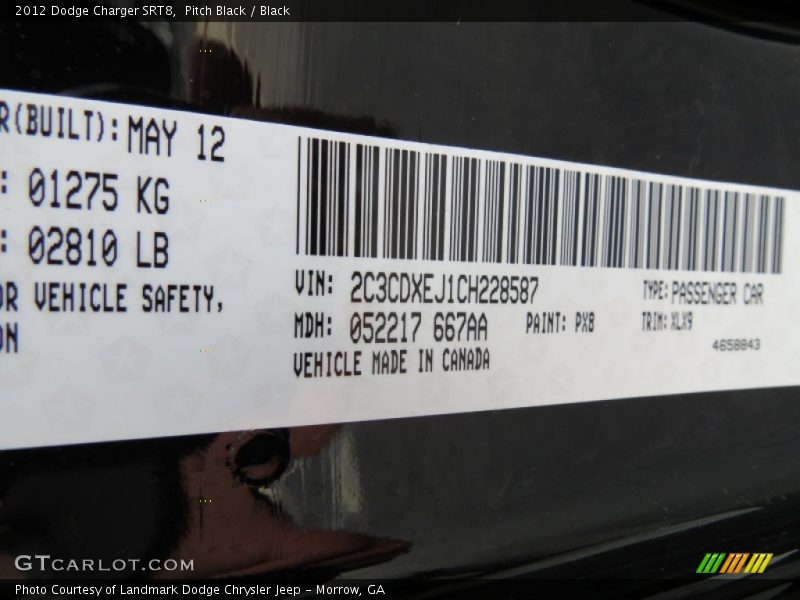 2012 Charger SRT8 Pitch Black Color Code PX8