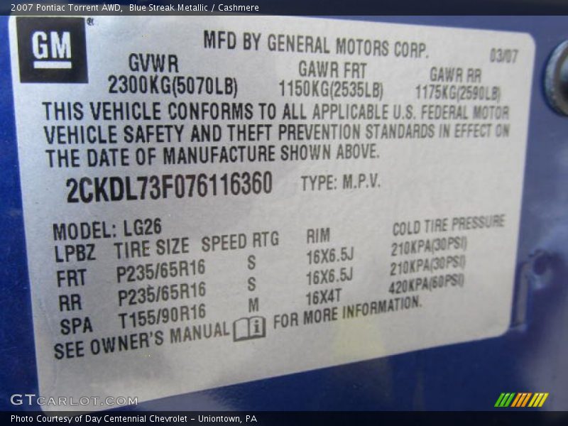 Blue Streak Metallic / Cashmere 2007 Pontiac Torrent AWD