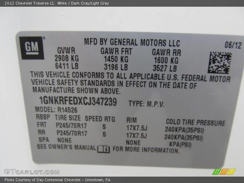 White / Dark Gray/Light Gray 2012 Chevrolet Traverse LS
