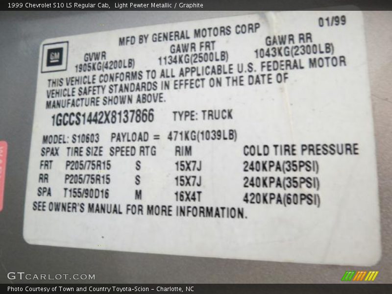 Light Pewter Metallic / Graphite 1999 Chevrolet S10 LS Regular Cab