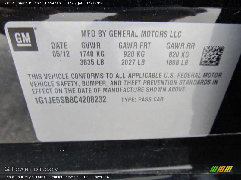 Black / Jet Black/Brick 2012 Chevrolet Sonic LTZ Sedan
