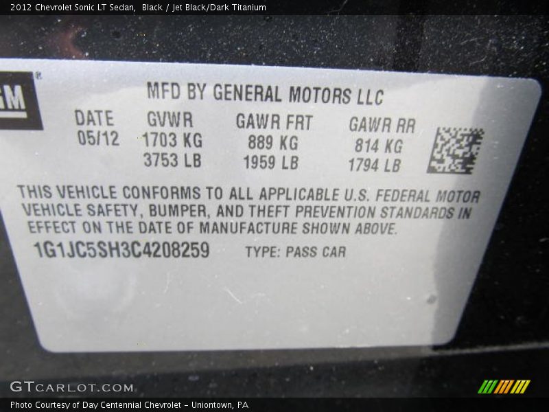 Black / Jet Black/Dark Titanium 2012 Chevrolet Sonic LT Sedan