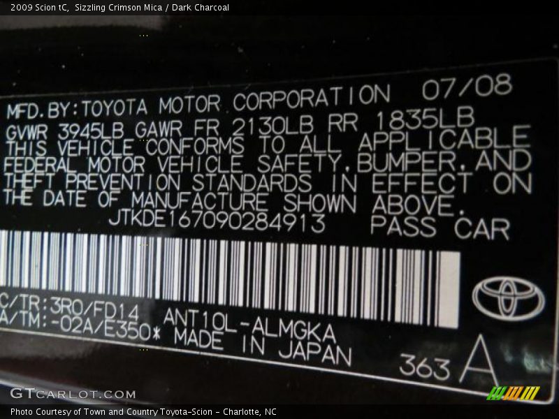2009 tC  Sizzling Crimson Mica Color Code 3R0