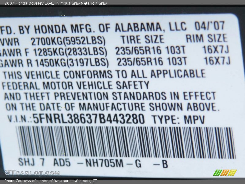 Nimbus Gray Metallic / Gray 2007 Honda Odyssey EX-L