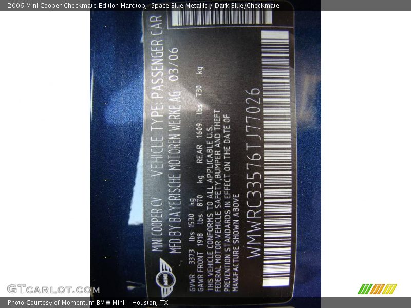 Space Blue Metallic / Dark Blue/Checkmate 2006 Mini Cooper Checkmate Edition Hardtop