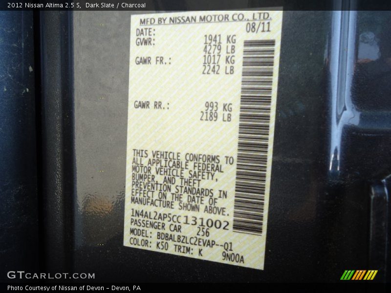 Dark Slate / Charcoal 2012 Nissan Altima 2.5 S