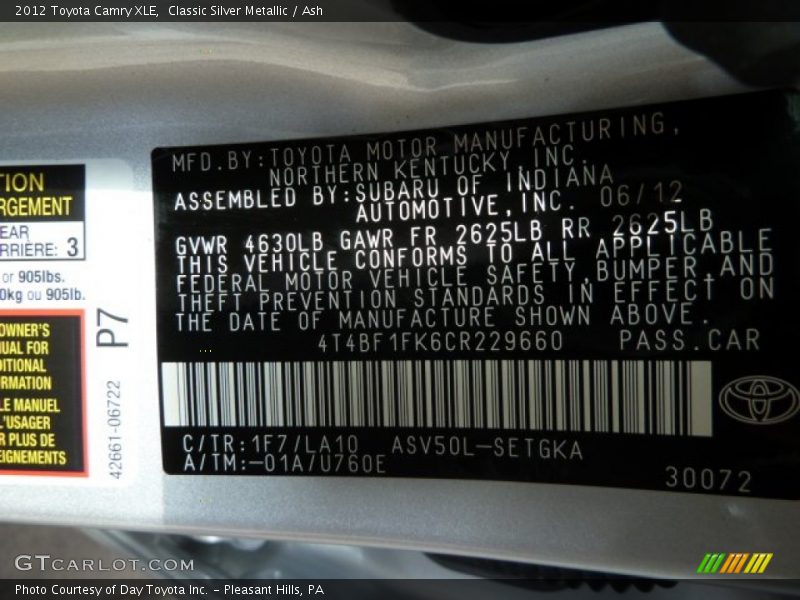 Classic Silver Metallic / Ash 2012 Toyota Camry XLE