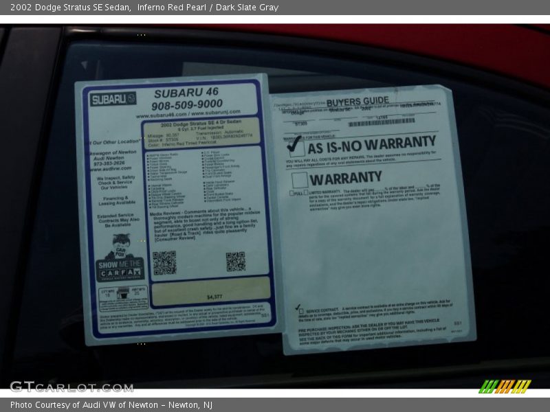 Inferno Red Pearl / Dark Slate Gray 2002 Dodge Stratus SE Sedan